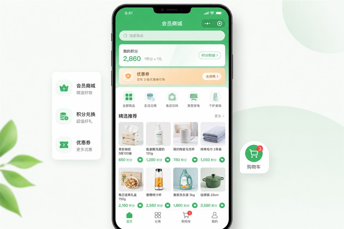 会员小程序商城界面效果图：商品、积分与优惠券